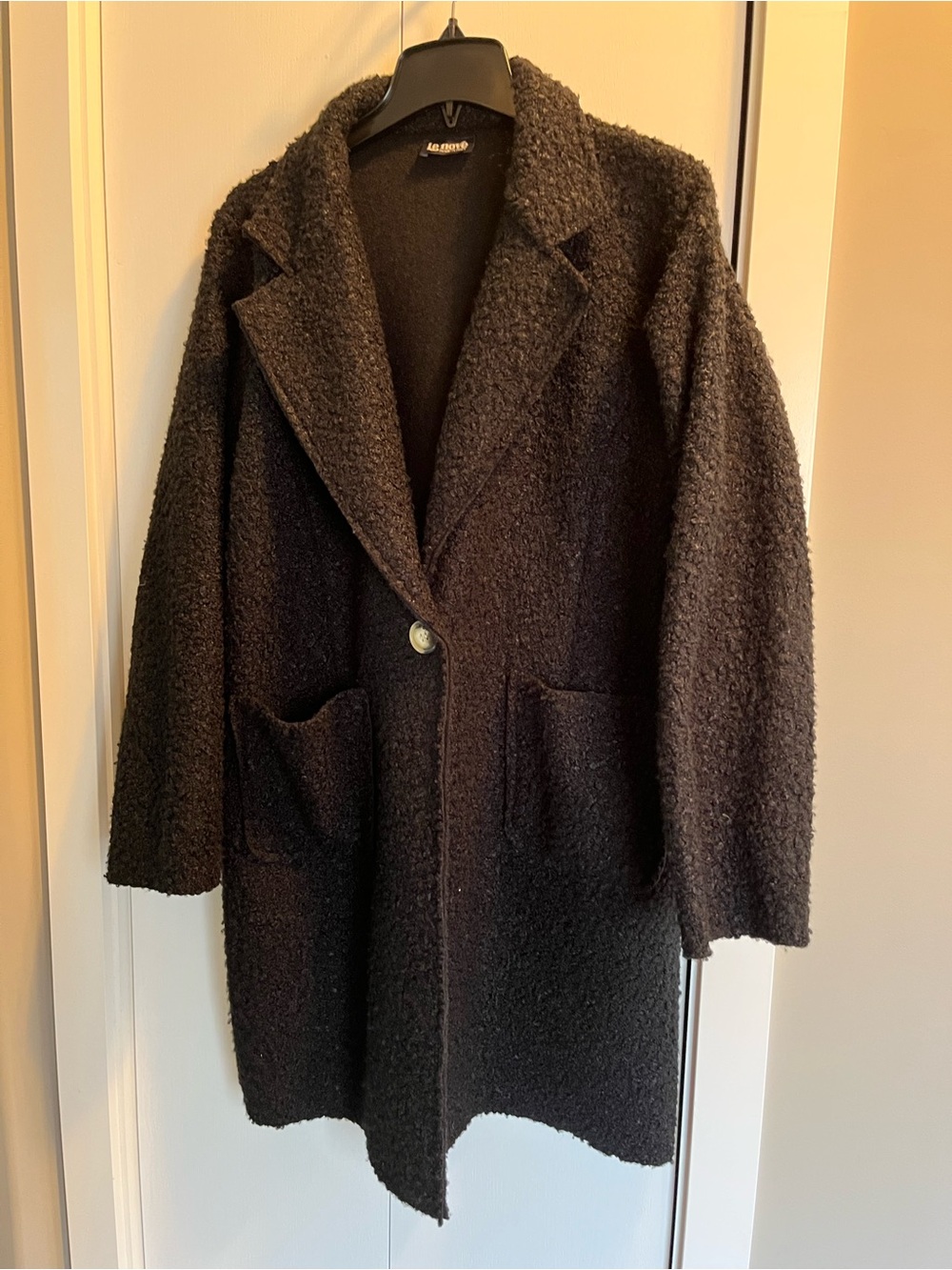 Textured Black Bouclé Single-Button Pea Coat